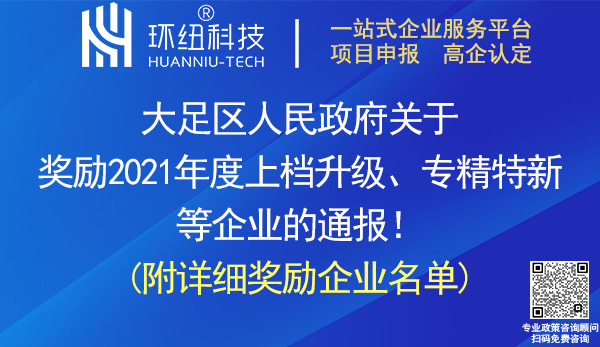 大足區(qū)2021年度上檔升級專精特新等企業(yè)獎勵名單